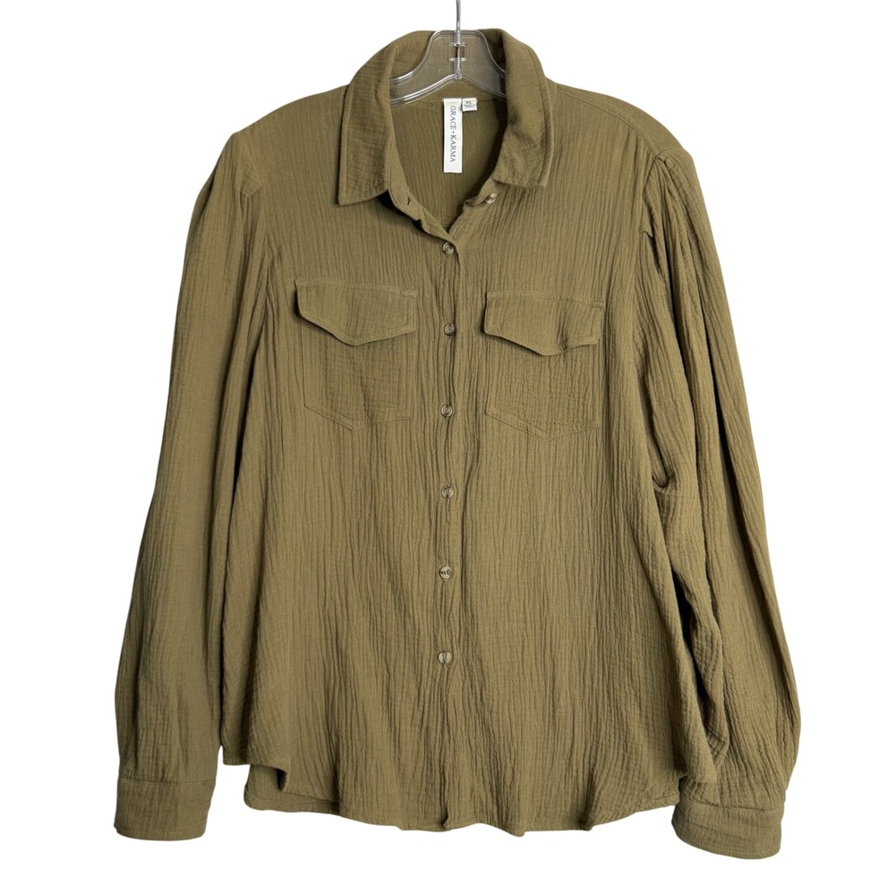 Grace + Karma Gauze Top Womens XL Green Cotton Lagenlook Preppy Oversized